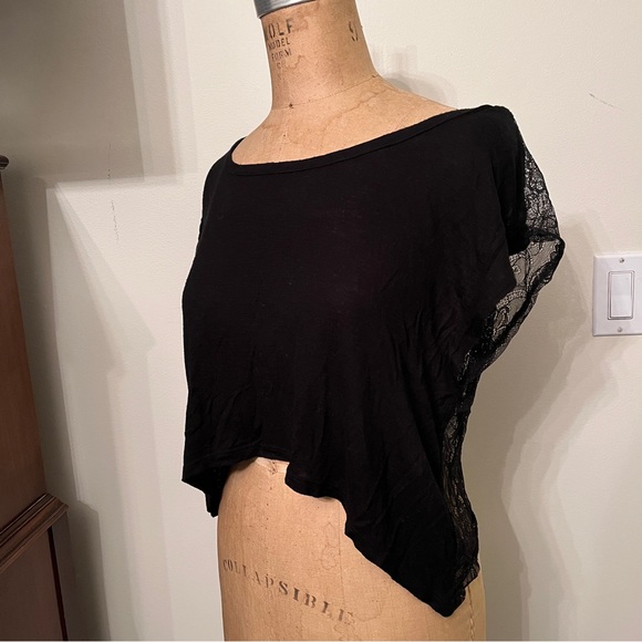 Black Emma & Sam Lace Panel Cropped Short Sleeve T-Shirt Top - Picture 5 of 7